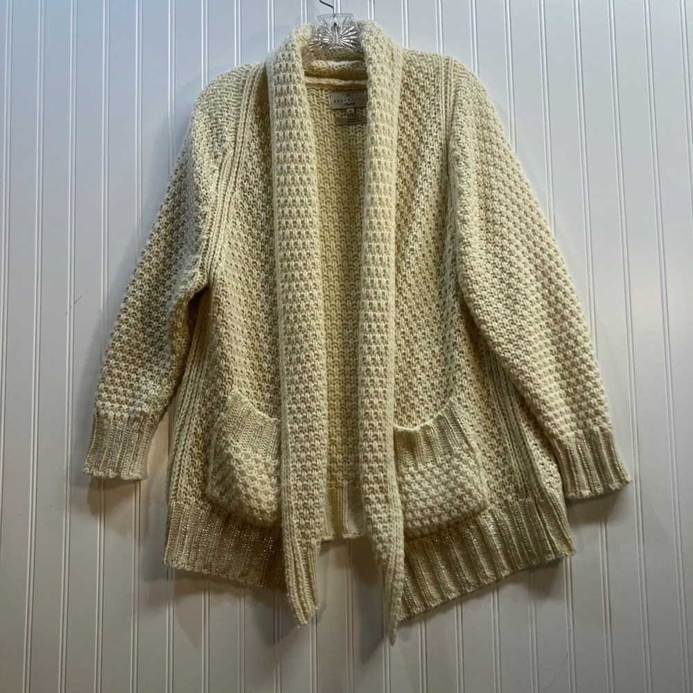 Essentiel Antwerp Ivory Chunky Knit Shawl Cardigan Metallic Trim Made in Italy M